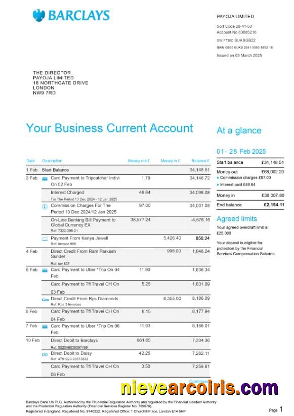 United Kingdom Barclays bank statement template in PSD 6 pages